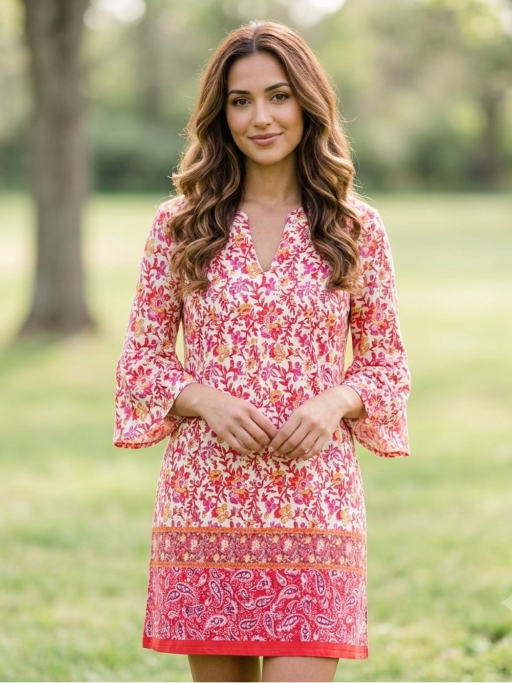 Jude Connally Kerry Swing Dress V-Neck Flutter Sleeves Large Red Floral Paisley